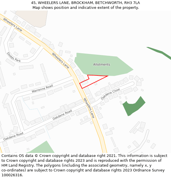 45, WHEELERS LANE, BROCKHAM, BETCHWORTH, RH3 7LA: Location map and indicative extent of plot