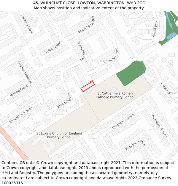 45, WHINCHAT CLOSE, LOWTON, WARRINGTON, WA3 2GG: Location map and indicative extent of plot