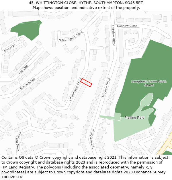 45, WHITTINGTON CLOSE, HYTHE, SOUTHAMPTON, SO45 5EZ: Location map and indicative extent of plot