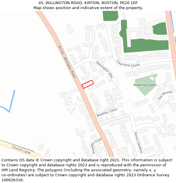 45, WILLINGTON ROAD, KIRTON, BOSTON, PE20 1EP: Location map and indicative extent of plot