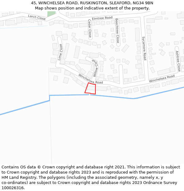 45, WINCHELSEA ROAD, RUSKINGTON, SLEAFORD, NG34 9BN: Location map and indicative extent of plot