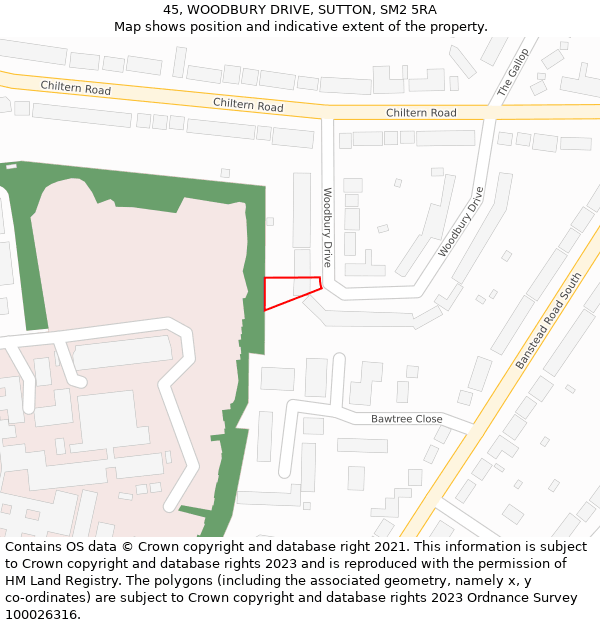 45, WOODBURY DRIVE, SUTTON, SM2 5RA: Location map and indicative extent of plot