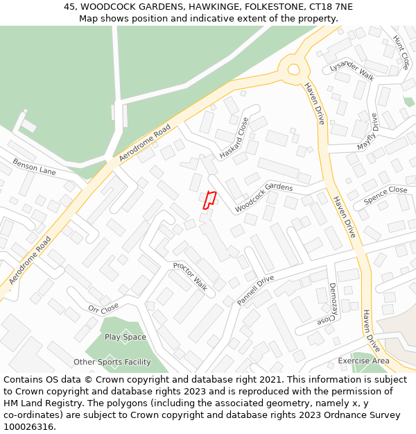 45, WOODCOCK GARDENS, HAWKINGE, FOLKESTONE, CT18 7NE: Location map and indicative extent of plot