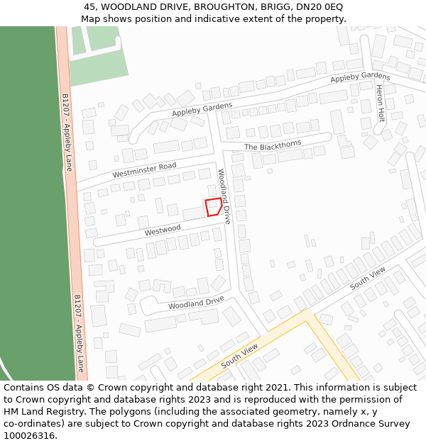 45, WOODLAND DRIVE, BROUGHTON, BRIGG, DN20 0EQ: Location map and indicative extent of plot