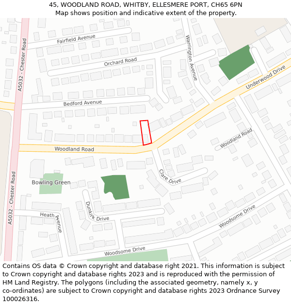 45, WOODLAND ROAD, WHITBY, ELLESMERE PORT, CH65 6PN: Location map and indicative extent of plot