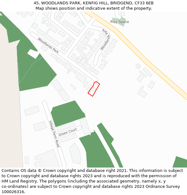 45, WOODLANDS PARK, KENFIG HILL, BRIDGEND, CF33 6EB: Location map and indicative extent of plot
