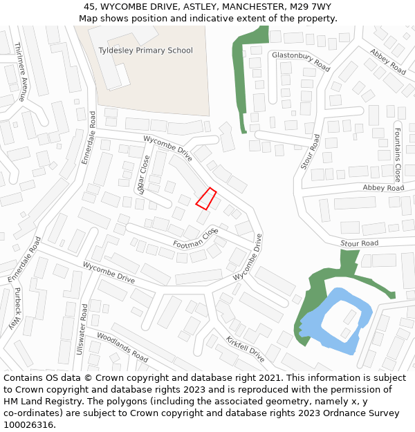 45, WYCOMBE DRIVE, ASTLEY, MANCHESTER, M29 7WY: Location map and indicative extent of plot