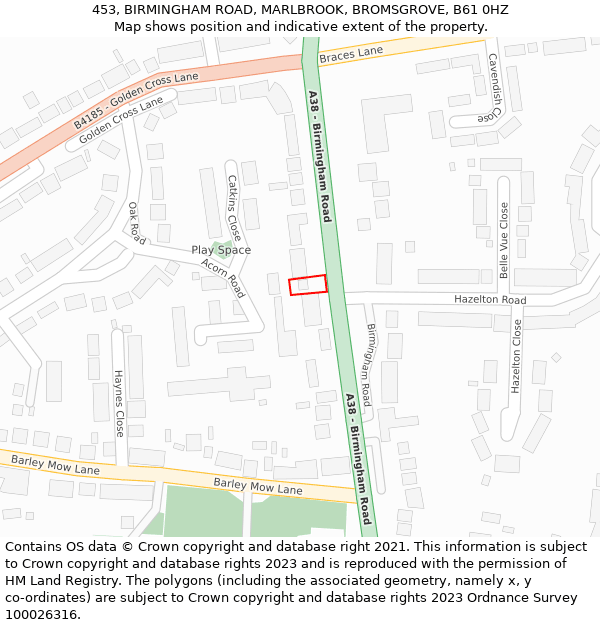 453, BIRMINGHAM ROAD, MARLBROOK, BROMSGROVE, B61 0HZ: Location map and indicative extent of plot