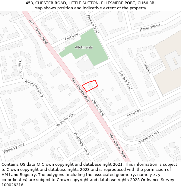 453, CHESTER ROAD, LITTLE SUTTON, ELLESMERE PORT, CH66 3RJ: Location map and indicative extent of plot