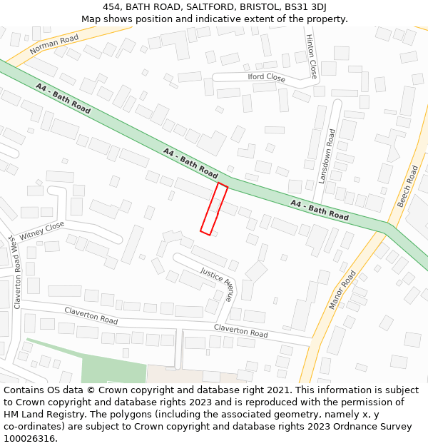 454, BATH ROAD, SALTFORD, BRISTOL, BS31 3DJ: Location map and indicative extent of plot