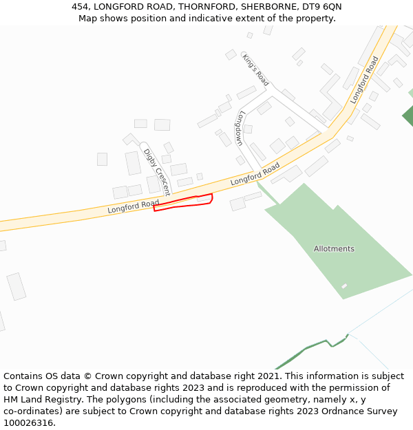 454, LONGFORD ROAD, THORNFORD, SHERBORNE, DT9 6QN: Location map and indicative extent of plot