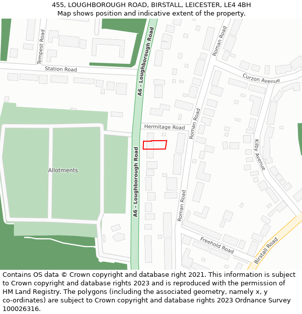 455, LOUGHBOROUGH ROAD, BIRSTALL, LEICESTER, LE4 4BH: Location map and indicative extent of plot