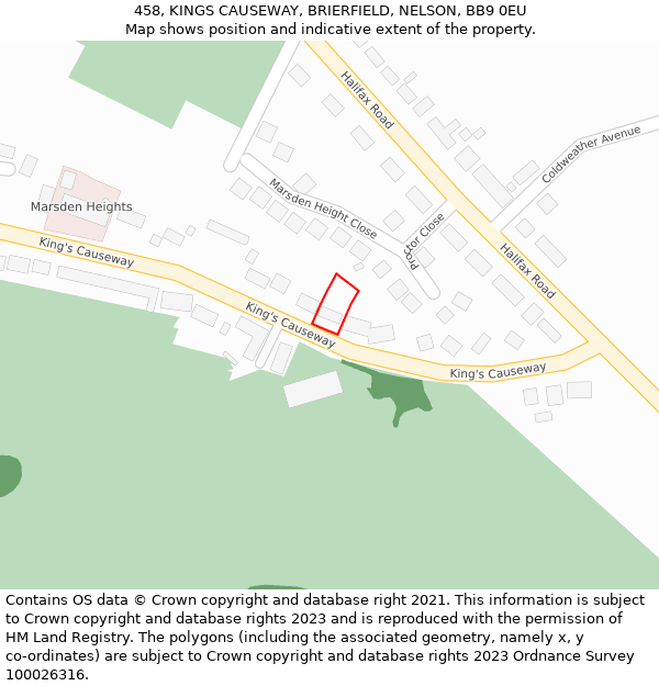 458, KINGS CAUSEWAY, BRIERFIELD, NELSON, BB9 0EU: Location map and indicative extent of plot