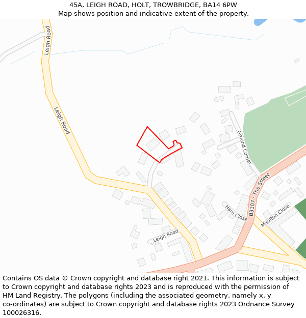 45A, LEIGH ROAD, HOLT, TROWBRIDGE, BA14 6PW: Location map and indicative extent of plot