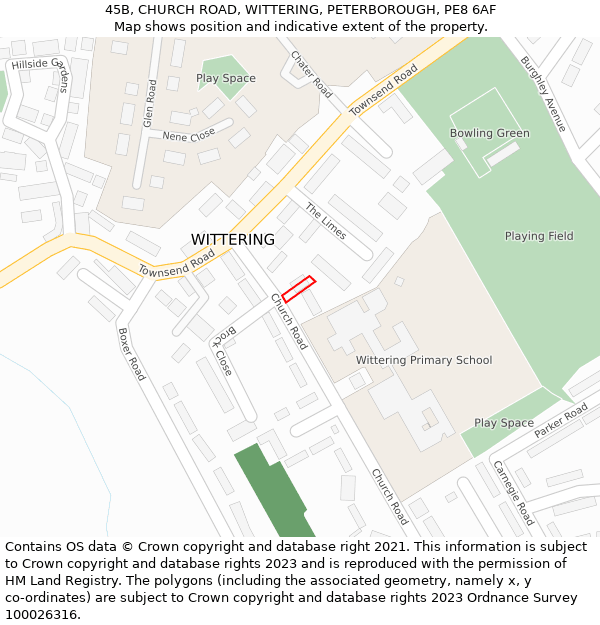 45B, CHURCH ROAD, WITTERING, PETERBOROUGH, PE8 6AF: Location map and indicative extent of plot