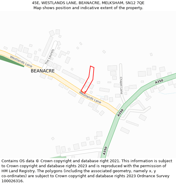 45E, WESTLANDS LANE, BEANACRE, MELKSHAM, SN12 7QE: Location map and indicative extent of plot