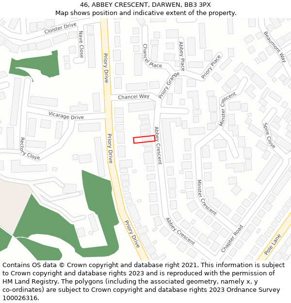 46, ABBEY CRESCENT, DARWEN, BB3 3PX: Location map and indicative extent of plot
