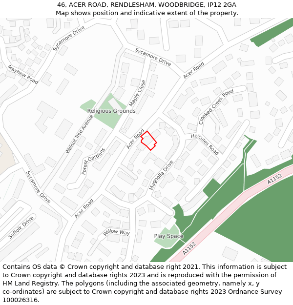 46, ACER ROAD, RENDLESHAM, WOODBRIDGE, IP12 2GA: Location map and indicative extent of plot