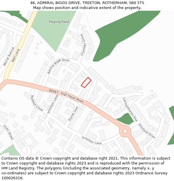 46, ADMIRAL BIGGS DRIVE, TREETON, ROTHERHAM, S60 5TS: Location map and indicative extent of plot