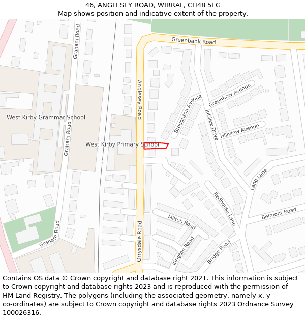 46, ANGLESEY ROAD, WIRRAL, CH48 5EG: Location map and indicative extent of plot