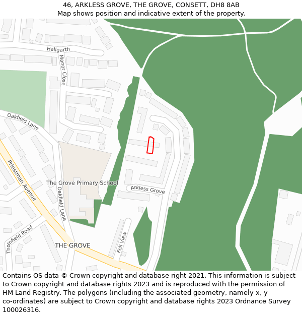 46, ARKLESS GROVE, THE GROVE, CONSETT, DH8 8AB: Location map and indicative extent of plot