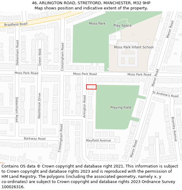 46, ARLINGTON ROAD, STRETFORD, MANCHESTER, M32 9HP: Location map and indicative extent of plot