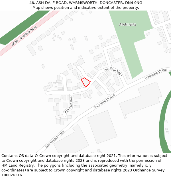 46, ASH DALE ROAD, WARMSWORTH, DONCASTER, DN4 9NG: Location map and indicative extent of plot