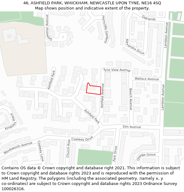 46, ASHFIELD PARK, WHICKHAM, NEWCASTLE UPON TYNE, NE16 4SQ: Location map and indicative extent of plot