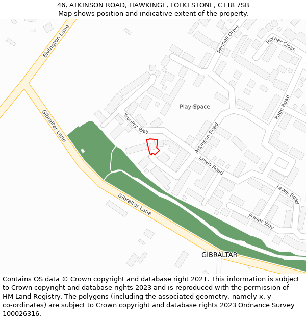 46, ATKINSON ROAD, HAWKINGE, FOLKESTONE, CT18 7SB: Location map and indicative extent of plot