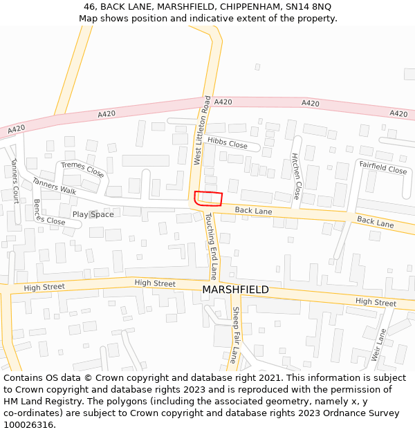 46, BACK LANE, MARSHFIELD, CHIPPENHAM, SN14 8NQ: Location map and indicative extent of plot