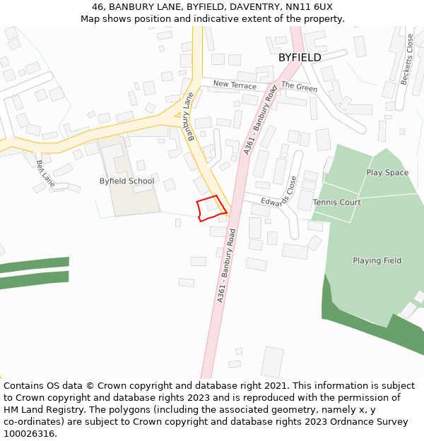 46, BANBURY LANE, BYFIELD, DAVENTRY, NN11 6UX: Location map and indicative extent of plot