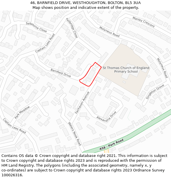 46, BARNFIELD DRIVE, WESTHOUGHTON, BOLTON, BL5 3UA: Location map and indicative extent of plot