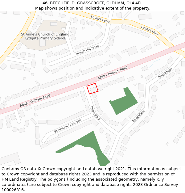 46, BEECHFIELD, GRASSCROFT, OLDHAM, OL4 4EL: Location map and indicative extent of plot