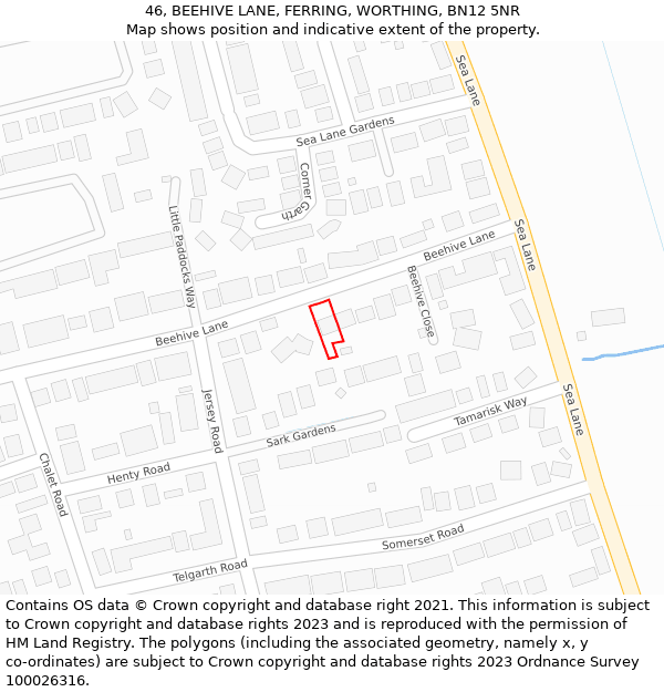 46, BEEHIVE LANE, FERRING, WORTHING, BN12 5NR: Location map and indicative extent of plot