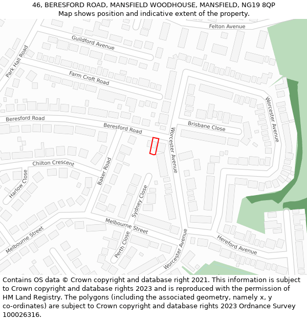 46, BERESFORD ROAD, MANSFIELD WOODHOUSE, MANSFIELD, NG19 8QP: Location map and indicative extent of plot