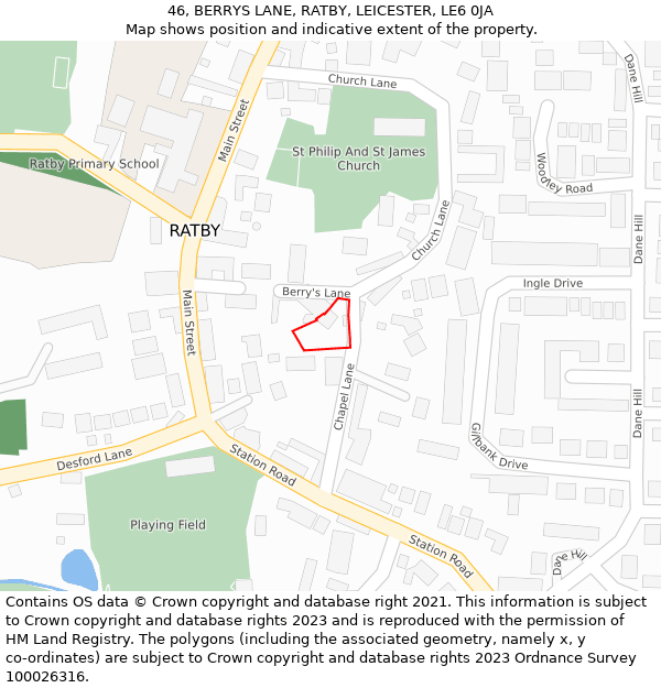 46, BERRYS LANE, RATBY, LEICESTER, LE6 0JA: Location map and indicative extent of plot