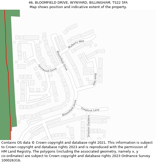 46, BLOOMFIELD DRIVE, WYNYARD, BILLINGHAM, TS22 5FA: Location map and indicative extent of plot