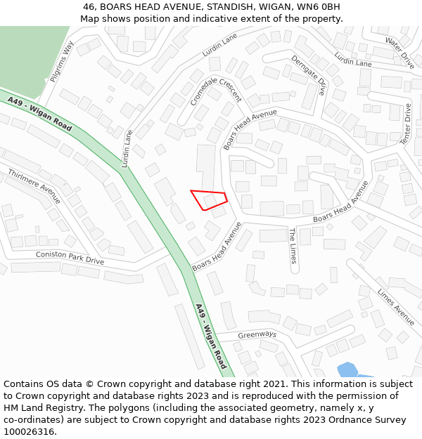 46, BOARS HEAD AVENUE, STANDISH, WIGAN, WN6 0BH: Location map and indicative extent of plot