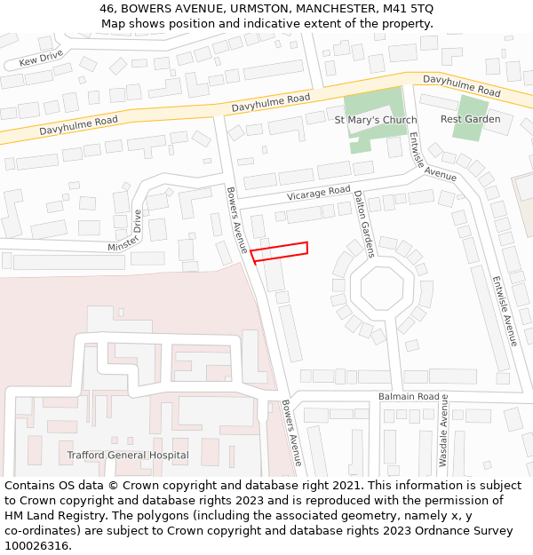 46, BOWERS AVENUE, URMSTON, MANCHESTER, M41 5TQ: Location map and indicative extent of plot