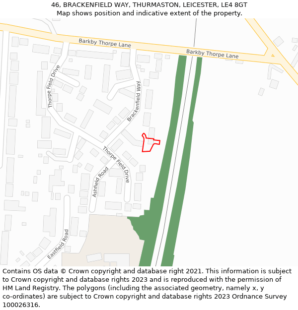 46, BRACKENFIELD WAY, THURMASTON, LEICESTER, LE4 8GT: Location map and indicative extent of plot