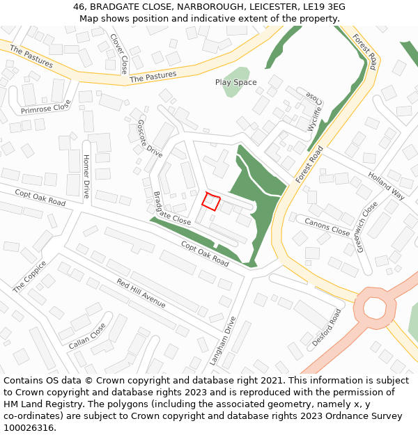 46, BRADGATE CLOSE, NARBOROUGH, LEICESTER, LE19 3EG: Location map and indicative extent of plot