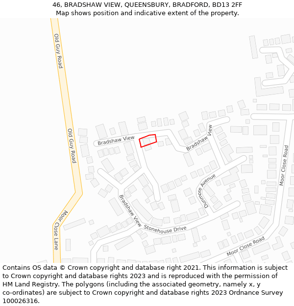 46, BRADSHAW VIEW, QUEENSBURY, BRADFORD, BD13 2FF: Location map and indicative extent of plot