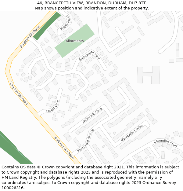 46, BRANCEPETH VIEW, BRANDON, DURHAM, DH7 8TT: Location map and indicative extent of plot