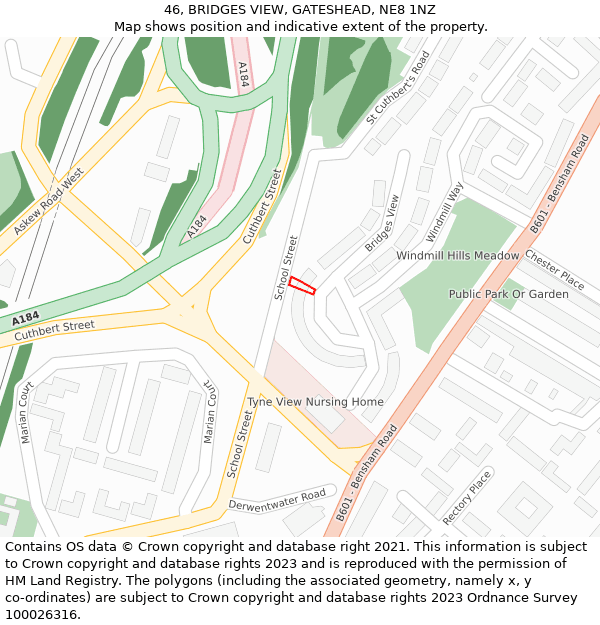 46, BRIDGES VIEW, GATESHEAD, NE8 1NZ: Location map and indicative extent of plot