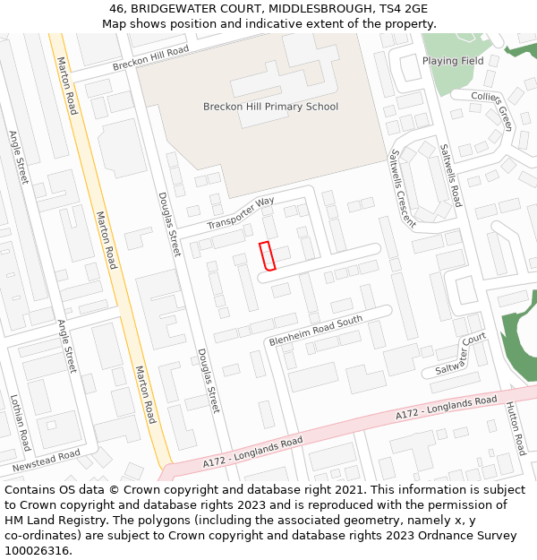 46, BRIDGEWATER COURT, MIDDLESBROUGH, TS4 2GE: Location map and indicative extent of plot