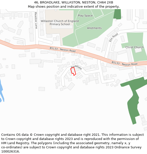 46, BROADLAKE, WILLASTON, NESTON, CH64 2XB: Location map and indicative extent of plot