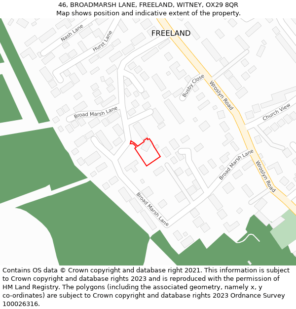 46, BROADMARSH LANE, FREELAND, WITNEY, OX29 8QR: Location map and indicative extent of plot
