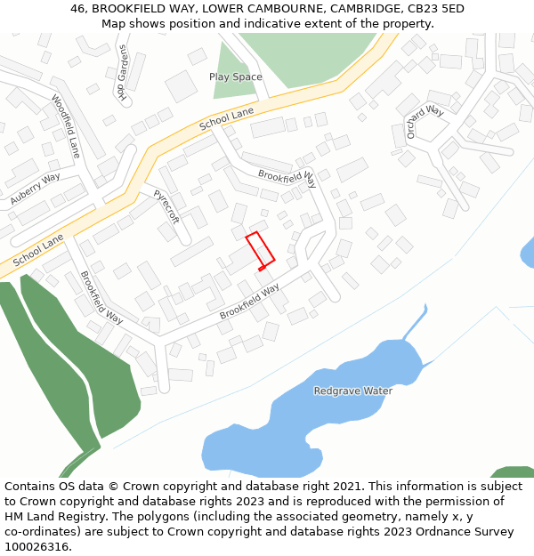 46, BROOKFIELD WAY, LOWER CAMBOURNE, CAMBRIDGE, CB23 5ED: Location map and indicative extent of plot