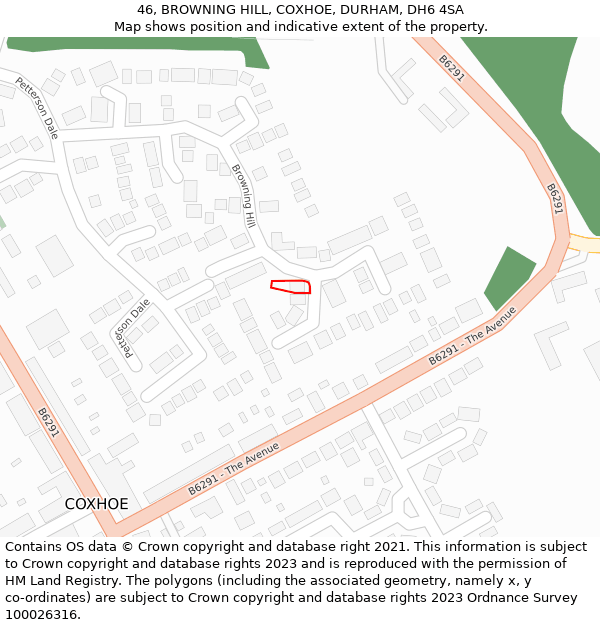 46, BROWNING HILL, COXHOE, DURHAM, DH6 4SA: Location map and indicative extent of plot