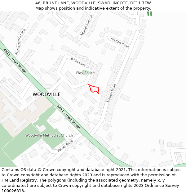 46, BRUNT LANE, WOODVILLE, SWADLINCOTE, DE11 7EW: Location map and indicative extent of plot